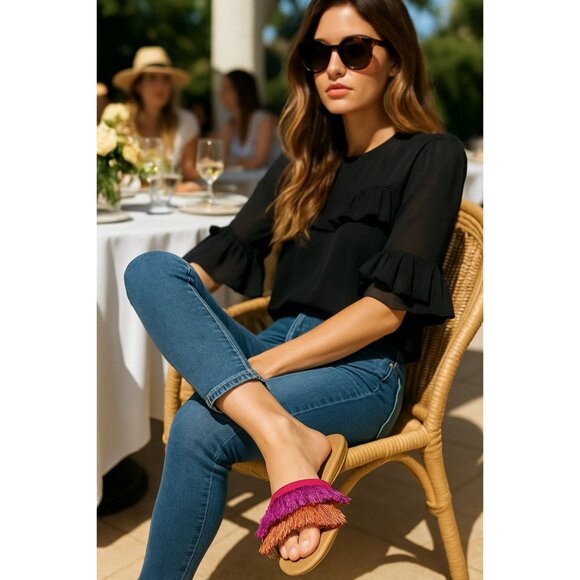 Birdies Women Fringed Slide Sandals 9 Pink Orange Resort Boho Comfort Vacation - Picture 2 of 7